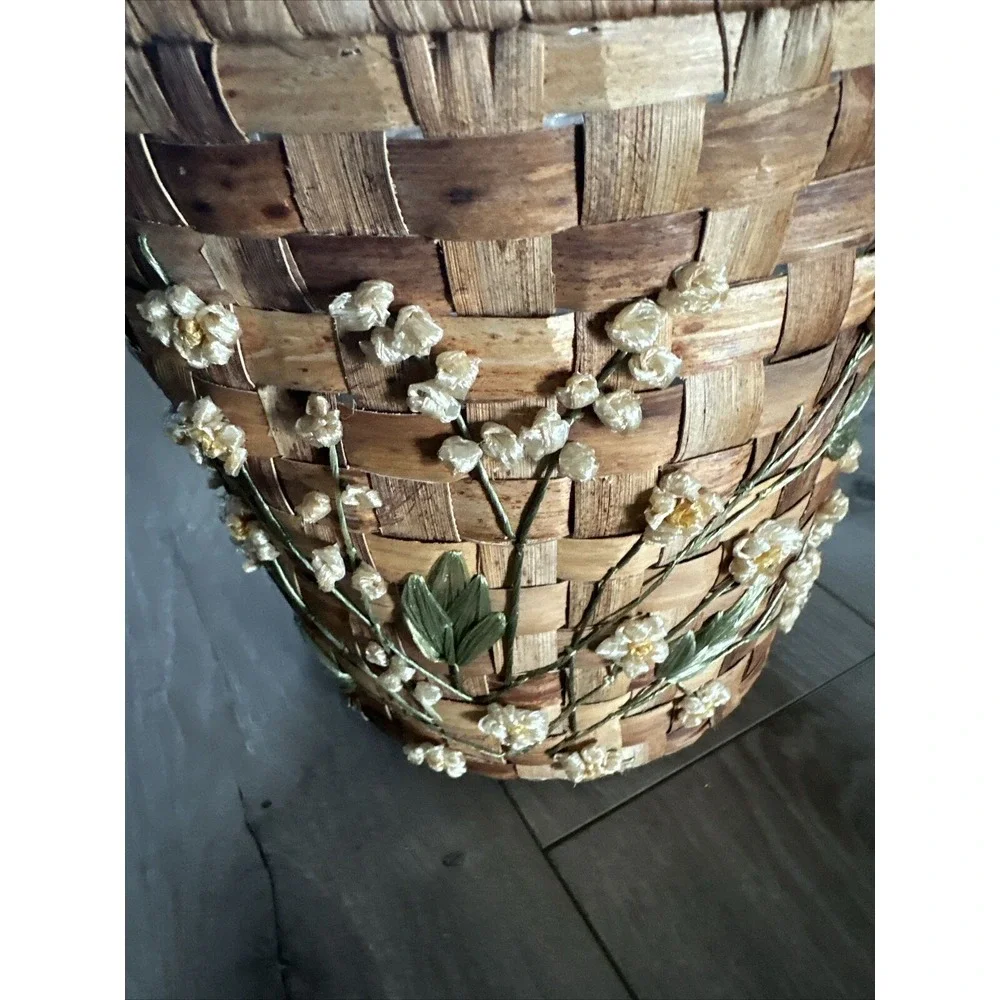 Vintage Floral Woven‎ Rattan Basket Or Planter Kitchen Trash Can Decor 10